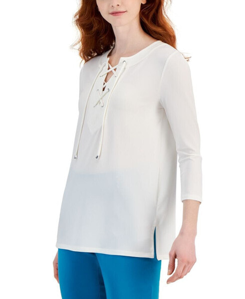 Women's Solid 3/4 Sleeve Lace-Up Knit Top, Created for Macy's