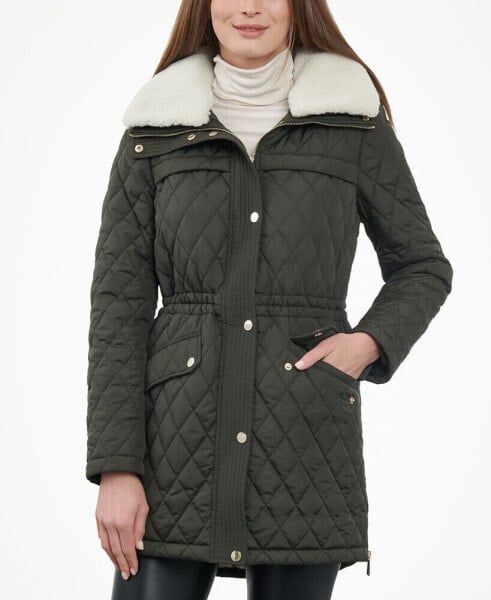 Women's Petite Faux-Fur-Collar Quilted Coat
