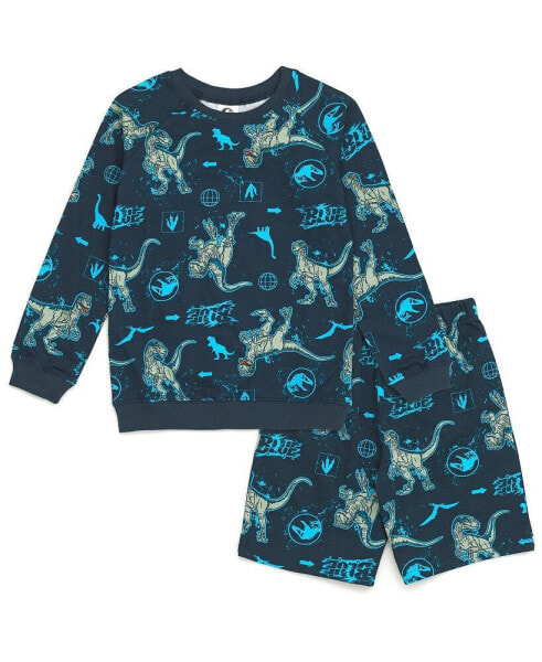 Boys Jurassic Park Blue French Terry Sweatshirt and Bike Shorts to