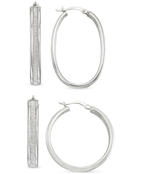 2-Pc. Set Glitter Oval & Round Hoop Earrings in Sterling Silver