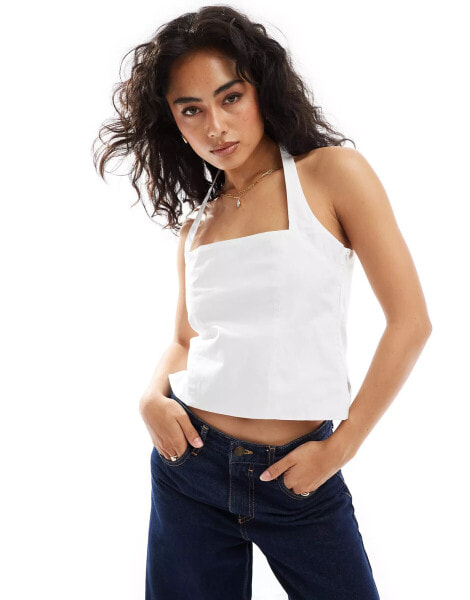 ASOS DESIGN poplin square neck halter top in white