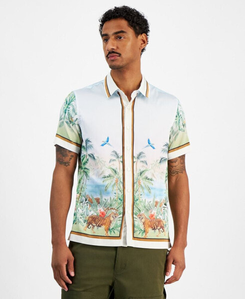 Men's Short Sleeve Button Front Jungle Scenery Shirt