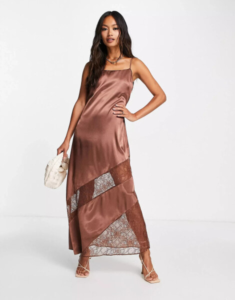 Topshop lace insert midi slip dress in chocolate