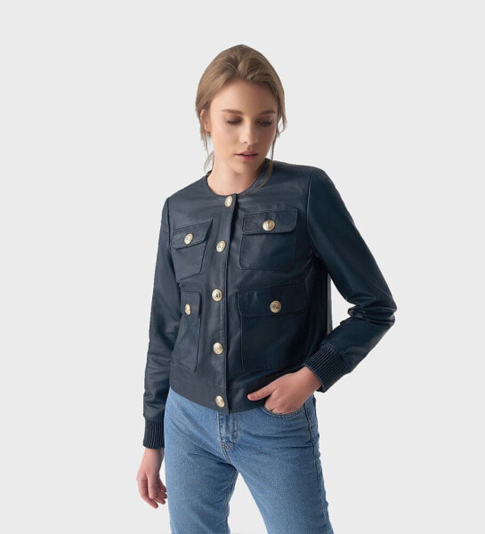 Women's Collarless Stunning Studs Closure Leather Jacket, Navy