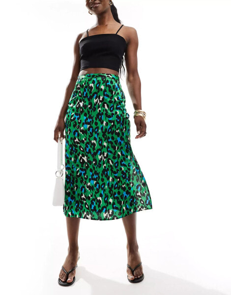 Brave Soul satin midi skirt in green animal print