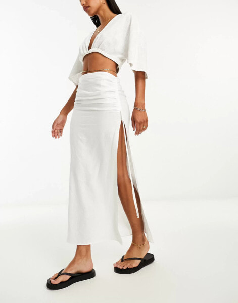 Bershka ruched split side linen midi skirt in white