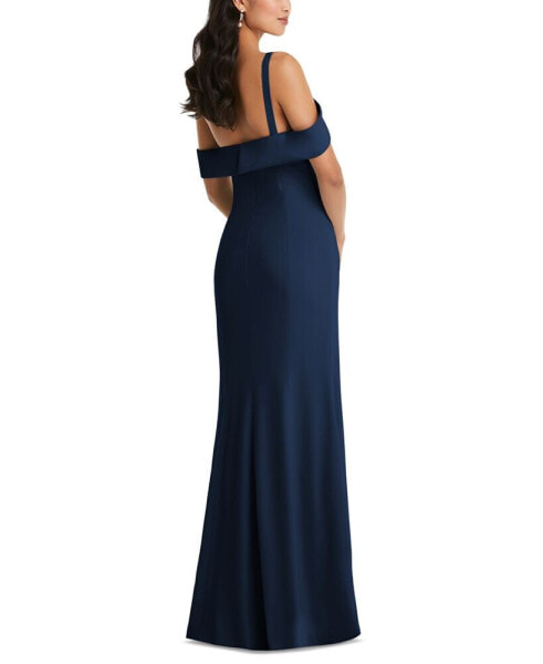 Plus Size One-Shoulder Draped Cuff Maxi Dress with Front Slit