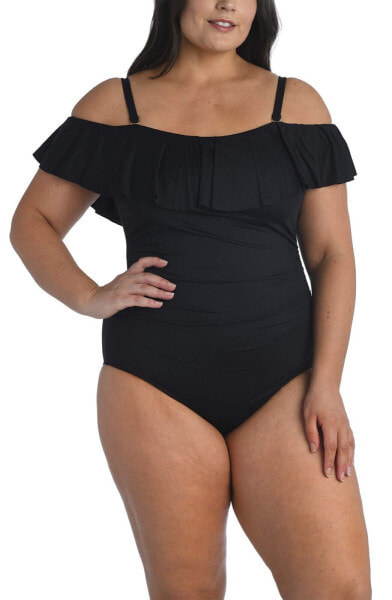 La Blanca 292868 Women's Off Shoulder Ruffle One Piece Swimsuit, Black, 4