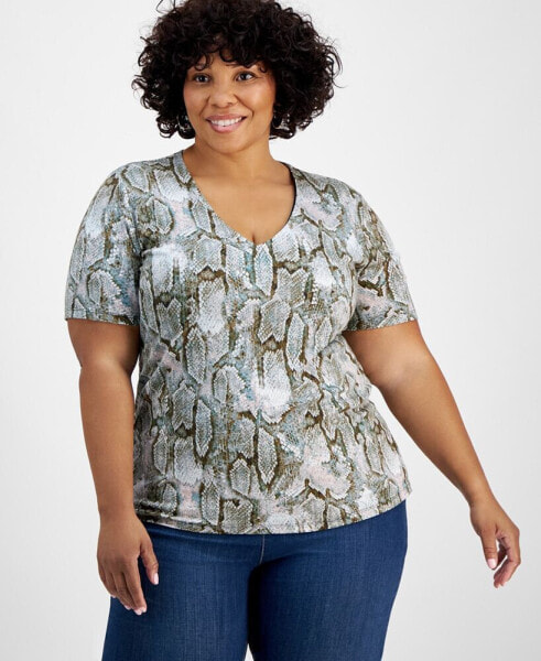 Plus Size Printed V-Neck Top, Created for Macy's