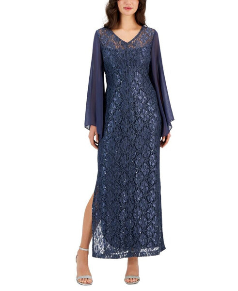 Women's Sequined-Lace V-Neck Maxi Dress