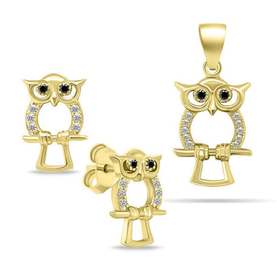 Playful gold-plated jewelry set with zircons Owl SET224Y (pendant, earrings)