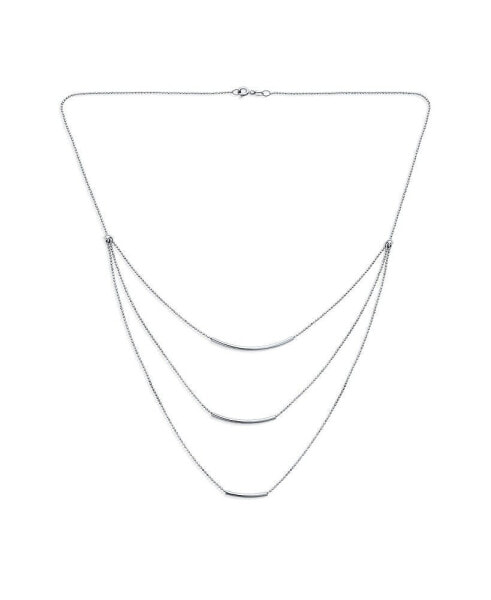 Layered Multi Three Strand Chain Curved Bar Necklace For Women Sterling Silver