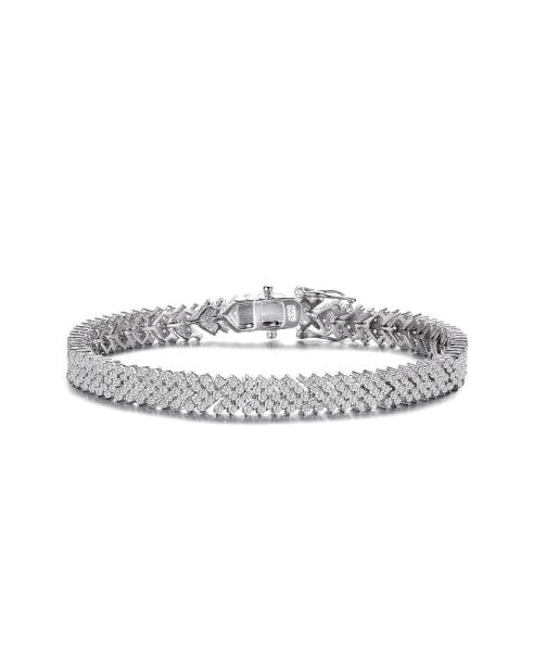 Sterling Silver with Rhodium Plated Clear Round Cubic Zirconia Cluster Arrow Head Style Tennis Bracelet