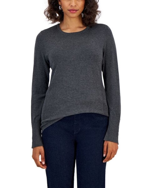 Women's Button-Sleeve Crewneck Sweater, Created for Macy's