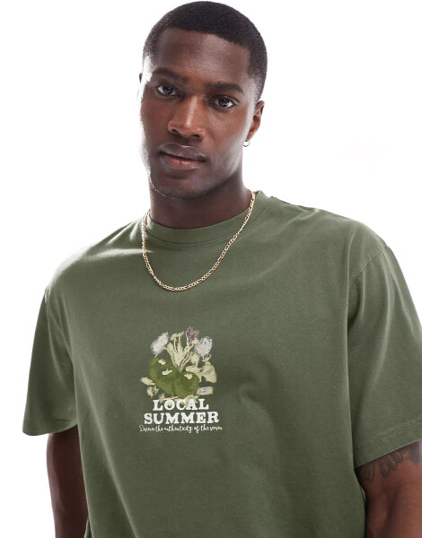 Pull&Bear chest graphic t-shirt in khaki