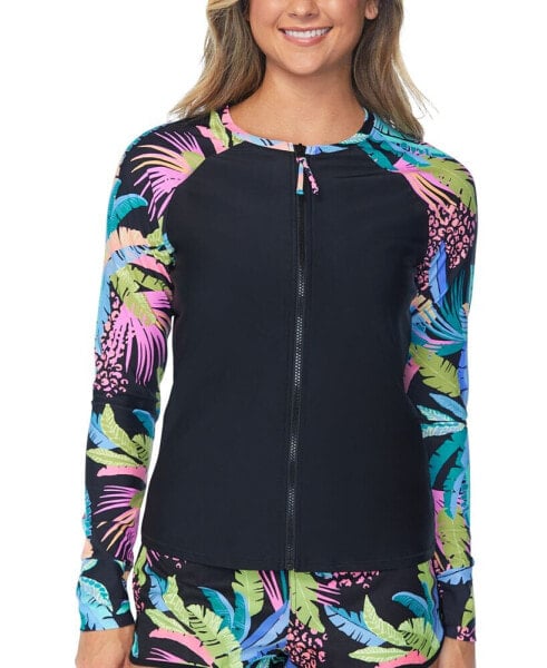 Juniors' Printed Long-Sleeve Front Zip Rash Guard