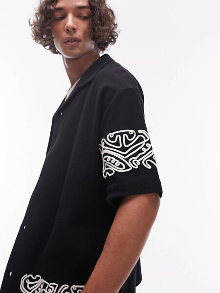 Topman oversized fit button through jersey polo with embroidery in black