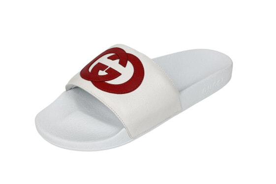 Gucci Mens White Leather Interlocking G Slide Sandals Size 8G /US 9