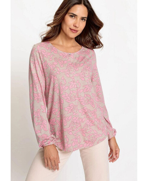 Women's Cotton Blend Long Sleeve Allover Print Keyhole Neckline T-Shirt