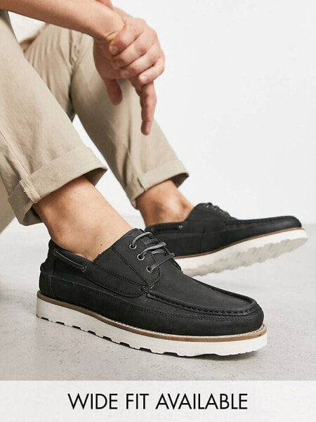 ASOS DESIGN boat shoes in black leather with wedge sole