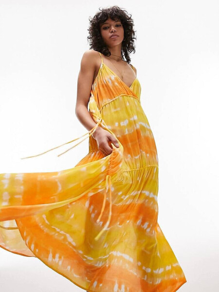 Topshop ruche tie side maxi beach dress in orange and yellow