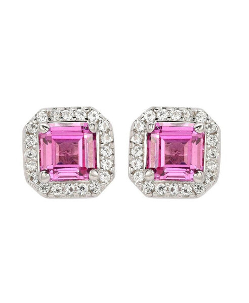 Pink Sapphire & Lab-Grown White Sapphire Asscher Cut Halo Stud Earrings in Sterling Silver by Suzy Levian