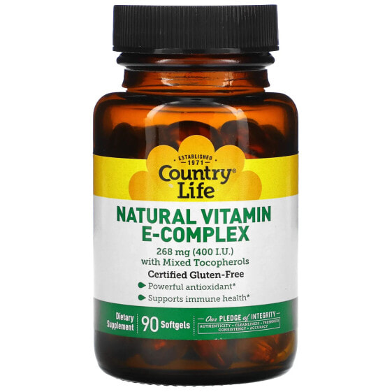 Витамин Е Country Life Натуральный комплекс витамина Е с смешанными токоферолами, 268 мг (400 МЕ), 90 капсул