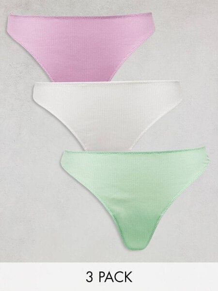 ASOS DESIGN 3 pack ribbed thongs in white, lilac & pistachio