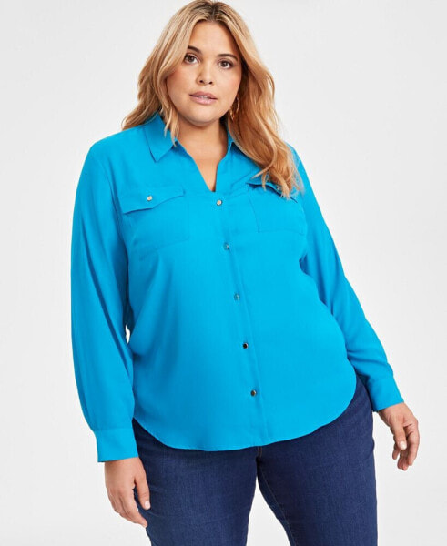 Plus Size Long-Sleeve Button-Front Blouse, Created for Macy's