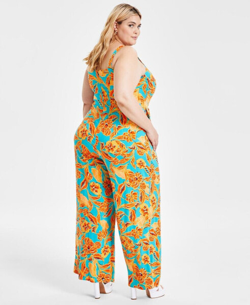 Trendy Plus Size Floral Wide-Leg Knit Jumpsuit, Created for Macy's