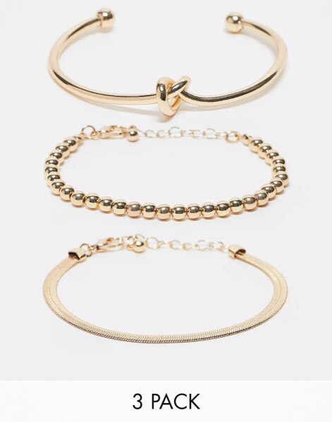 ASOS DESIGN pack of 3 bracelets with knot and ball detail in gold tone