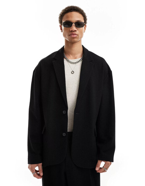 ASOS DESIGN unstructured oversized suit jacket in black seersucker