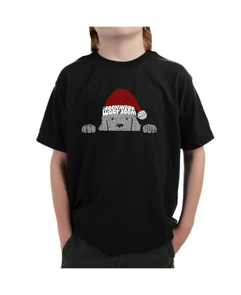 Child Christmas Peeking Dog - Boy's Word Art T-Shirt