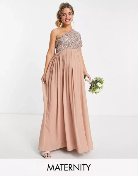 Beauut Maternity bridesmaid embellished bodice one shoulder maxi dress in taupe