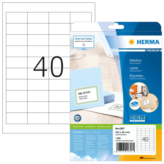 HERMA Labels Premium A4 48.5x25.4 mm white paper matt 1000 pcs. - White - Self-adhesive printer label - A4 - Paper - Laser/Inkjet - Permanent