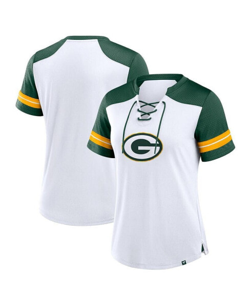 Women's White/Green Green Bay Packers Foiled Primary Lace-Up T-Shirt