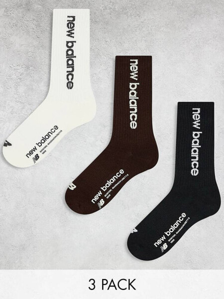 New Balance Linear logo 3 pack crew socks in black, brown and white