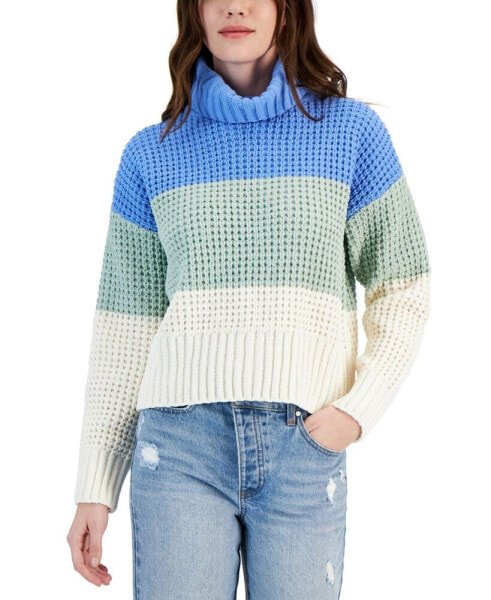 Juniors' Chenille Colorblocked Turtleneck Sweater