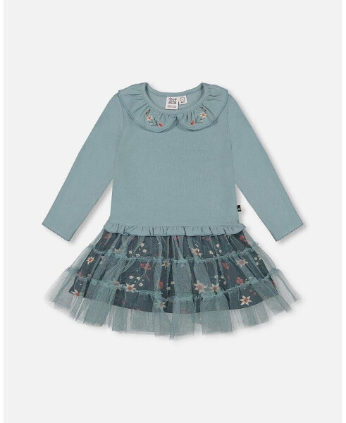 Big Girls Bi-Material Dress With Mesh Skirt Teal Printed Flowers