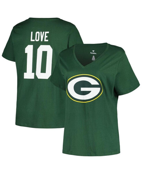 Футболка женская Fanatics Jordan Love Green Green Bay Packers с V-образным вырезом, размер плюс, с именем и номером игрока