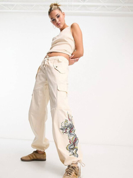 Ed Hardy low rise cargo trousers with dragon embroidery