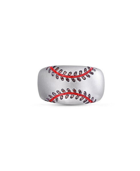 Home Run Baseball Design Sterling Silver Red Diamonds Enamel Band Men Ring