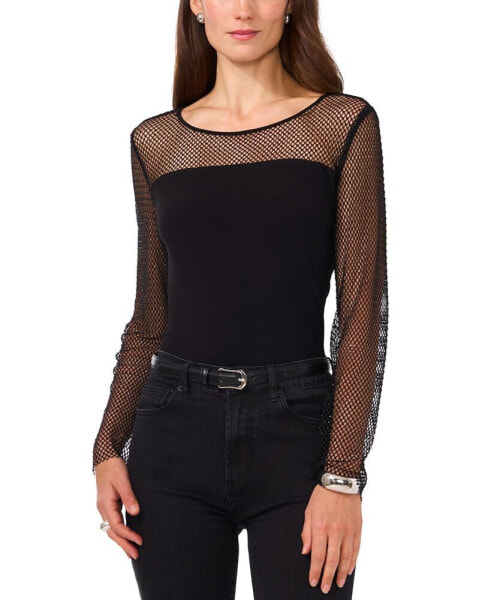 Women's Long-Sleeve Embellished Mesh Top