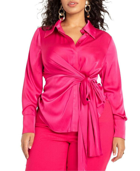 Plus Size Satin Collared Blouse With Bow - 30, Hot Pink
