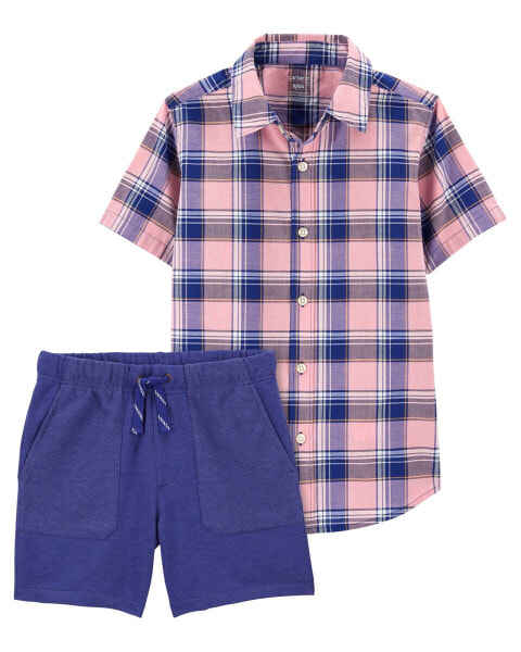 Kid 2-Piece Plaid Button-Down Shirt Pull-On French Terry Shorts Set 7