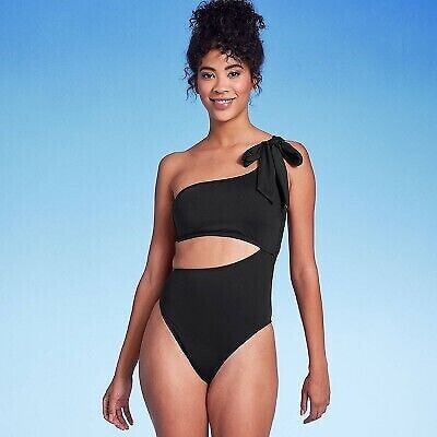 Women's One Shoulder Bow Cut Out One Piece Swimsuit - Shade & Shore Black L