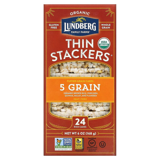 Organic Thin Stackers, Puffed Grain Cakes, 5 Grain, Salt-Free, 24 Rice Cakes, 6 oz (168 g)