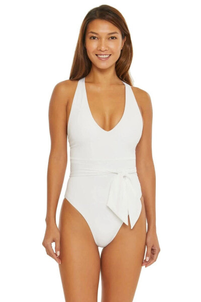 Becca by Rebecca Virtue Color Code Kali V-Neck Belted One-Piece White Size LG