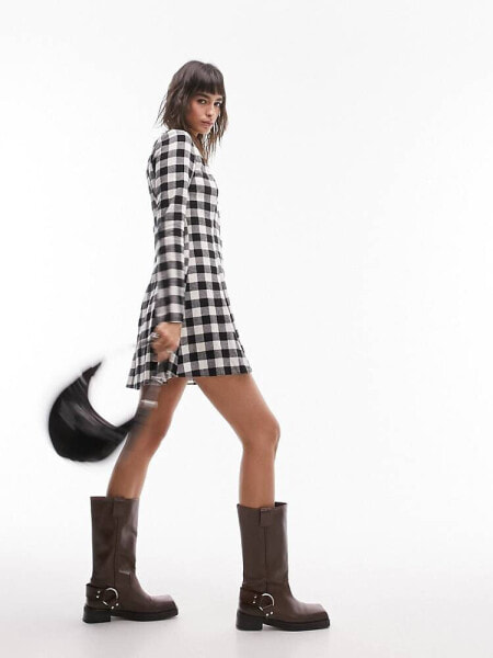 Topshop v neck brushed check mini shirt dress in mono