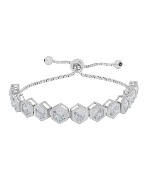 Fine Silver Plated Cubic Zirconia Hexagon Shaped Bezel Bolo Adjustable Bracelet